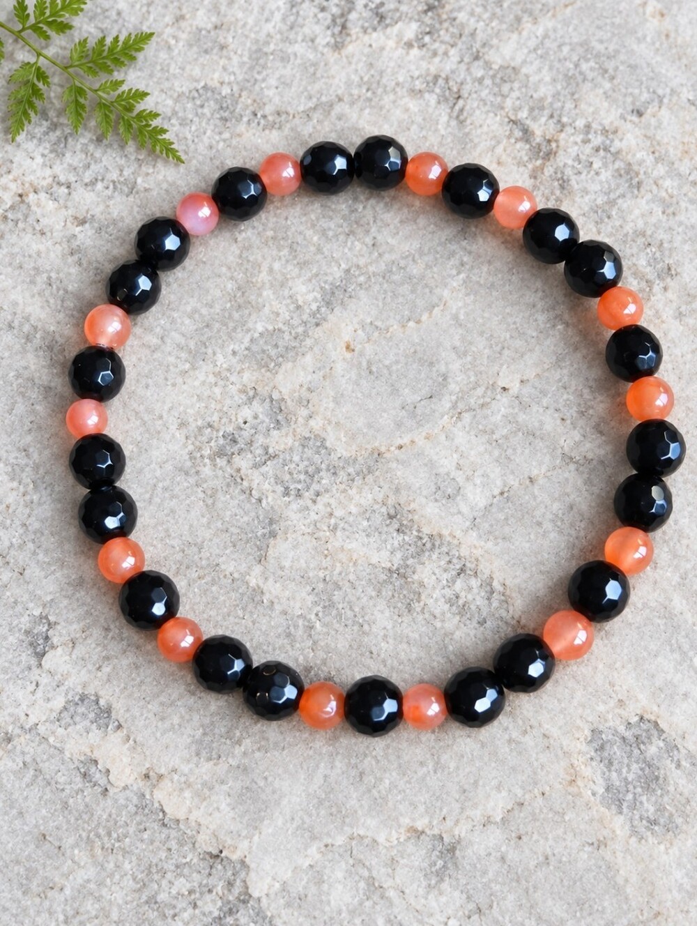 Black Onyx & Orange Agate Beaded Stretch Bracelet | Handmade